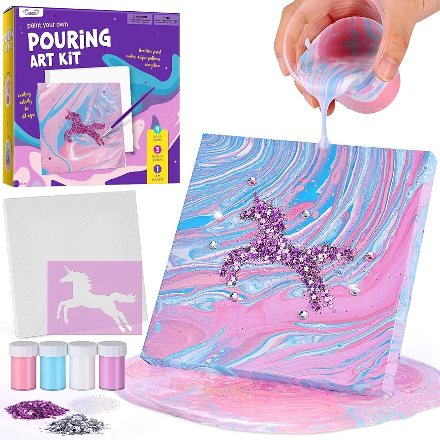 Canvas Paint Pouring Art Kit - DIY Craft for Kids Age 6-12, Arts and Crafts Kit for Girls & Boys, Toys Girls Boy Birthday Gift Ages 6 7 8 9 10 11 12+