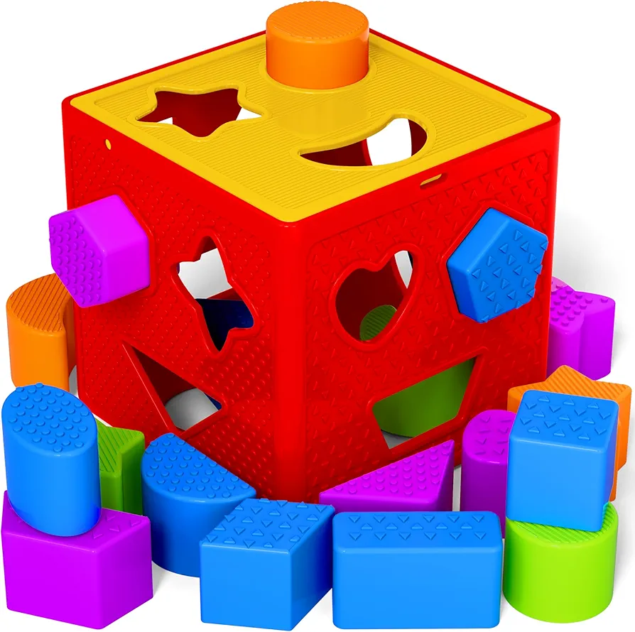 ETI Toys, 19 Piece Unique Educational Sorting & Matching Toy for Toddlers. Colorful Sorter Cube Box & Shapes, 100 Percent Safe, Promotes Fun Learning, Creativity & Skills Development - Red/Yellow