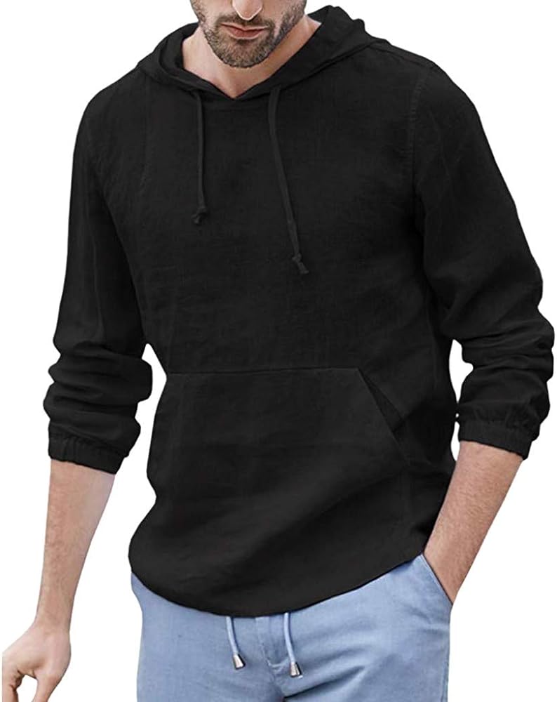 Lightweight Hoodies for Men Linen Hooded Pocket Solid Long Sleeve Retro T Shirts Tops Sweatshirt Hoodies