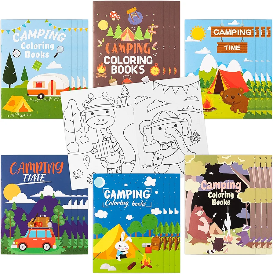 Dvbonike 24Pcs Camping Coloring Books Including Tent Camping Light Forest Bear Rabbit DIY Art Drawing Patterns Summer Birthday Party Favors Gifts Home School Activity Supplies for Kids Boys Girls