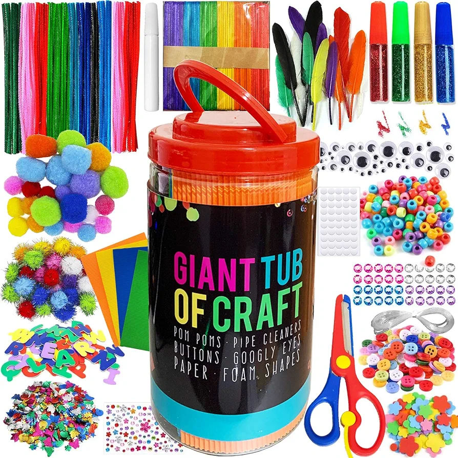 MOISO Kids Crafts and Art Supplies Jar Kit - 560+ Piece Set - Make Bracelets and Necklaces - Plus Glitter Glue, Construction Paper, Colored Popsicle Sticks, Eyes, Pipe Cleaners…