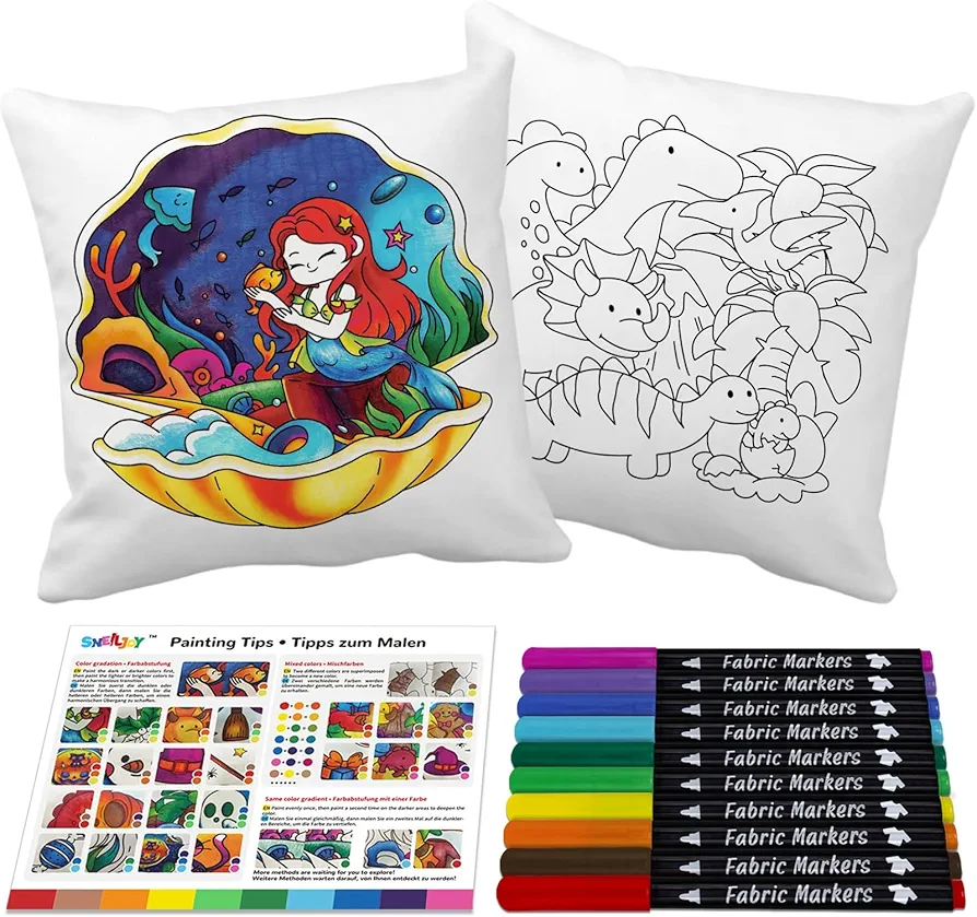 SNEILJOY Throw Pillow Covers for Kids Painting Set, Arts and Crafts for Kids Ages 6-12, 2 PCS Cushion Cover (15.5×15.5 in) with 10 Fabric Markers, Art Supplies, Party Favors for Kids 8-12.