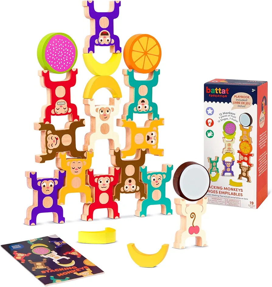 Battat Education – Stacking Toy for Kids – Wooden Stacking Monkeys – Developmental Toy – Fine Motor Skills – Interlock Toy, Balancing Building Blocks for 3 Years + (19 Pcs)