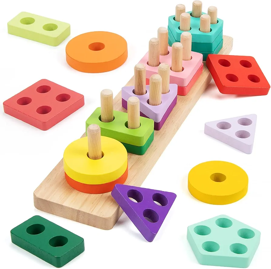 HONGTEYA Montessori Toys for 1 2 3 year old, Toddlers Wooden Sorting and Stacking Toys for Baby Boys and Girls, 20 Color Stacker Shape Sorter Preschool Kids Educational Learning Toy Puzzles Gifts