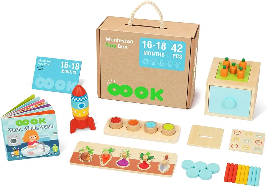 Montessori Educational Toys for 1 Year Old, 6 in 1 Learning Toys Set for Toddlers Wooden Toy Present (3 in 1 Edutational Box, Stacking Roctet Ship, Touch & Match Board, Picture Book and More)