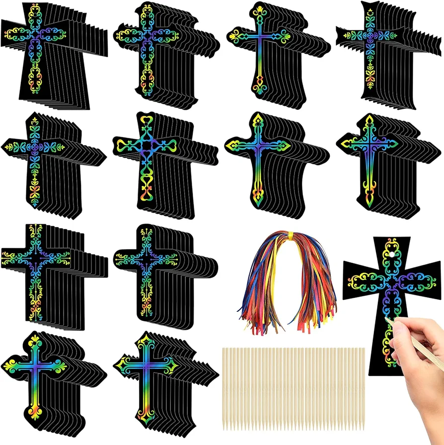 Mototo 120Pcs Scratch Cross Ornaments Rainbow Color DIY Craft Kit Scratch Paper Hanging Tags Magic Art Party Favors Sunday School Classroom Decor Supplies for Boy Girl Easter Sunday School Religious