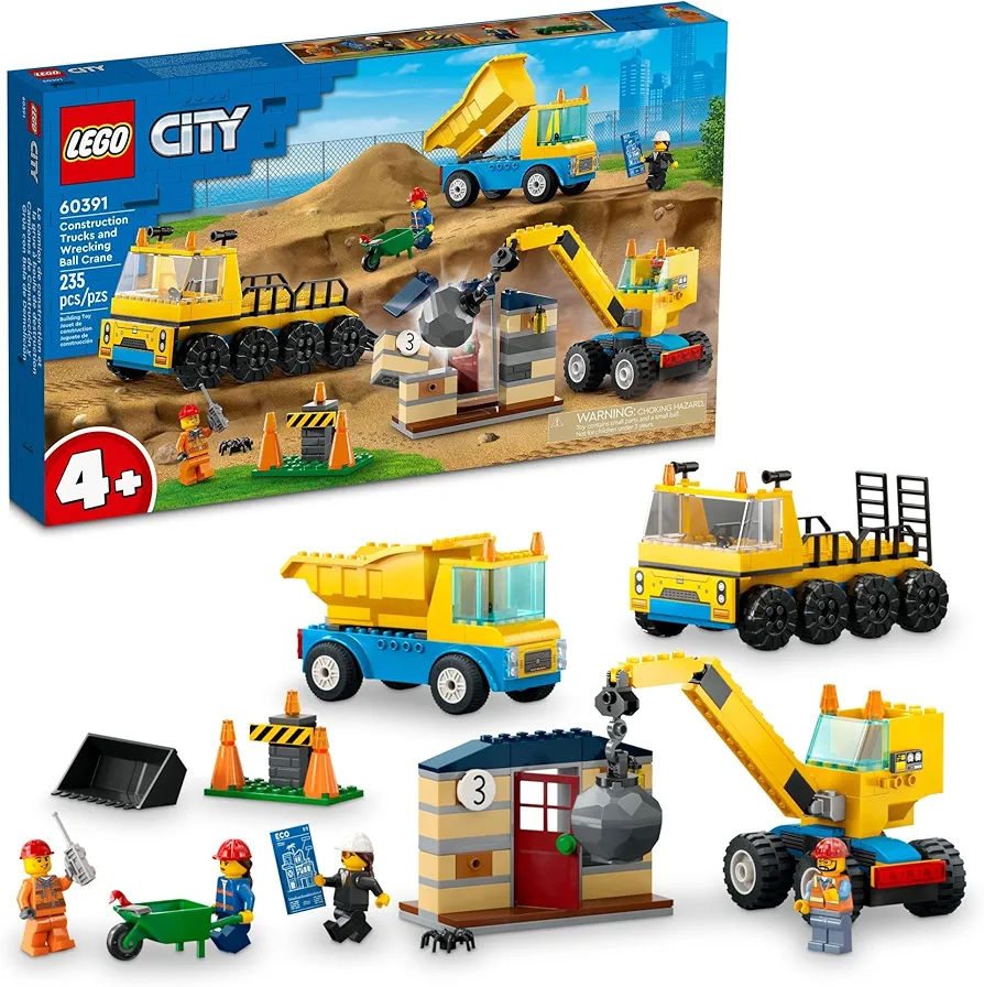 LEGO City Construction Trucks and Wrecking Ball Crane 60391 Building Toy Set for Toddler Kids Ages 4+, includes 3 Construction Vehicles, an Abandoned House and 3 Minifigures for Pretend Play