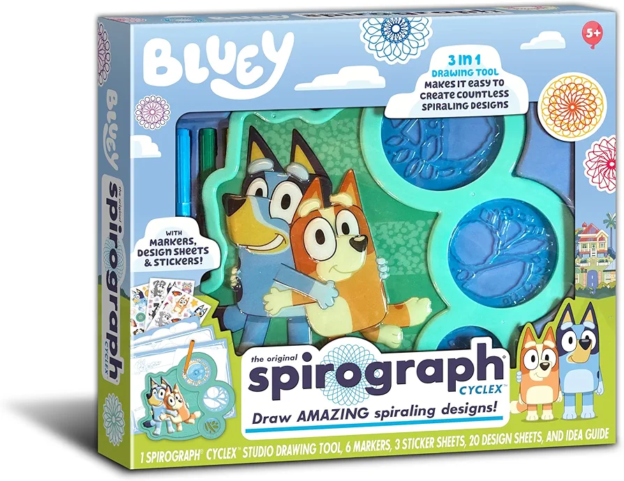 Spirograph Cyclex Set Bluey – Drawing Kit, Arts and Crafts, Bluey Toys, Art Supplies, Stickers for Kids, Bluey Stickers, Spiral Art, Markers, Stickers, Design Sheet Included, Ages 5+