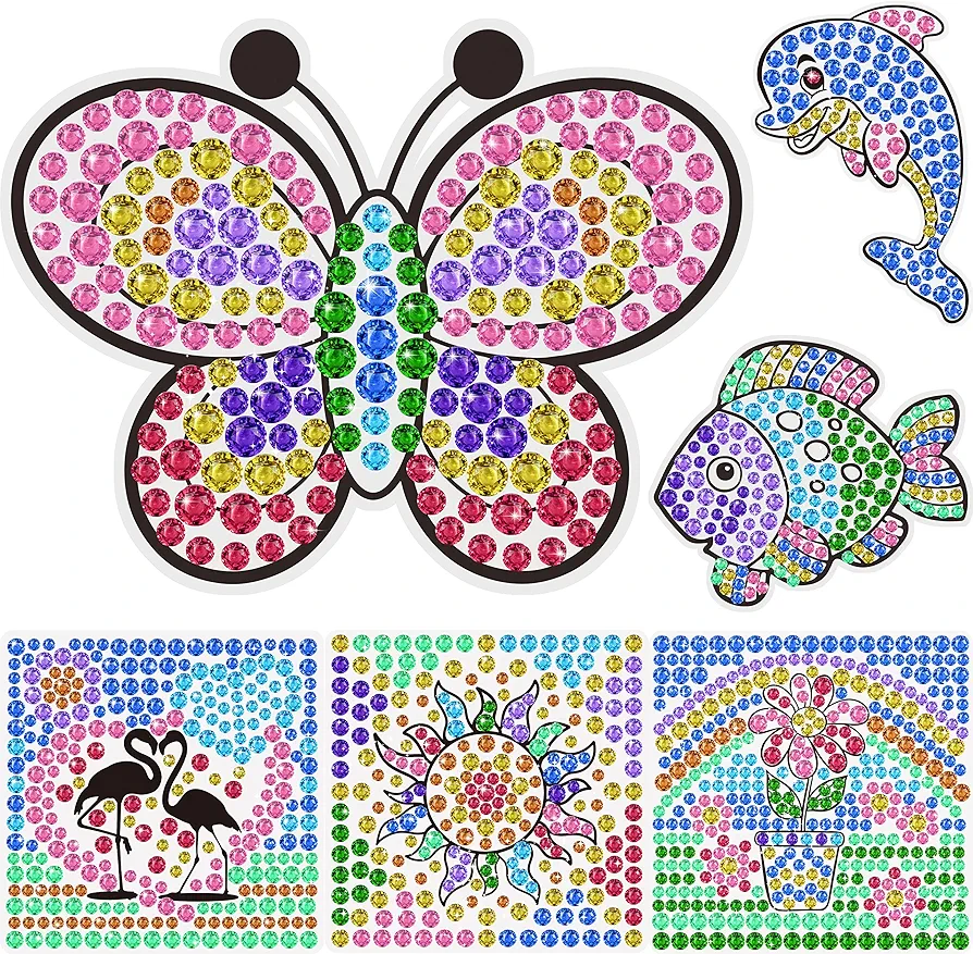 Yazhiji 6 Sheets Diamond Window Art Craft Kits for Kids, Suncatcher Kit for Ages 6 7 8 9 10 Flower Sun Dolphin DIY Painting Kit for Girls or Boys Ages 6+ Gemstone Sticker as Christmas Party Decor