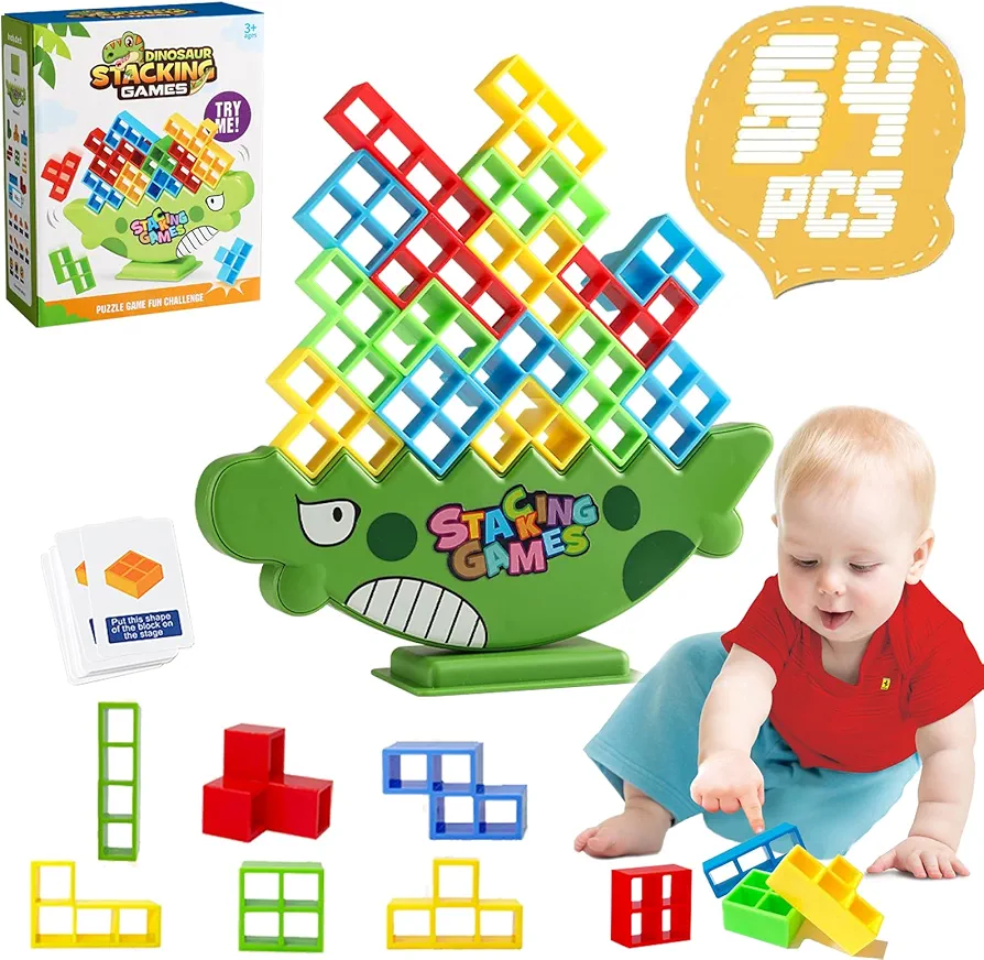 64pcs Tower Game Balance Stacking Blocks, Tower Balancing Stacking Board Games Building Blocks Puzzle Toy, Family Games Valentine's Day Birthday Gift for Kids Adults