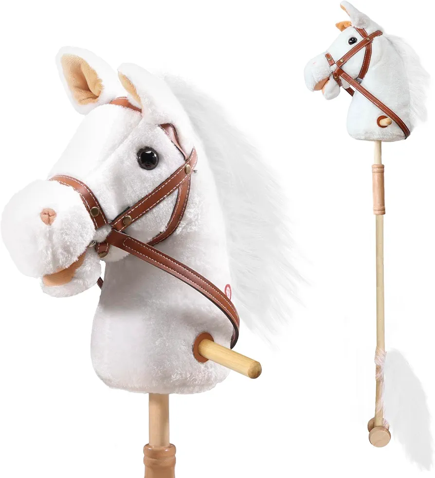 Stick Horse with Realistic Sound Effects, Hobby Horse, Wooden Pole, Handle, and Wheels, 38” Tall Horse Toys Gift for Kids Toddlers 3 Years+, White (AA Batteries Required)