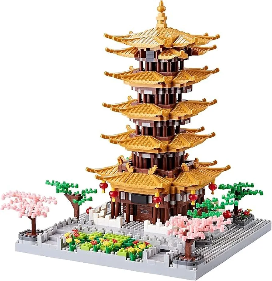 Chinese Architecture Ancient Famous Collectible Micro Building Blocks Set for Adults, 2200PCS Creative Model - Yellow Crane Tower with Cherry Blossom Tree Cherry Plants Toys and presents