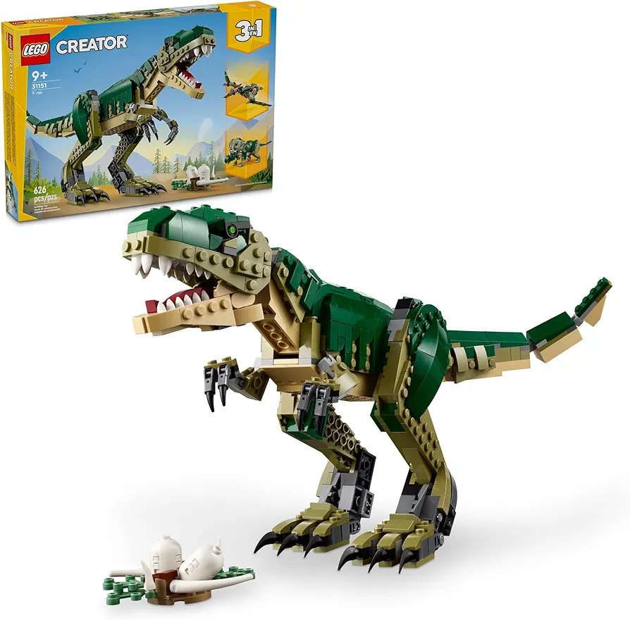 LEGO Creator 3 in 1 T. rex Toy, Transforms from T.rex to Triceratops to Pterodactyl, Dino Toy Figures for Kids, Posable Dinosaur Model Building Set, Animal Toy Gift Idea for Boys and Girls, 31151