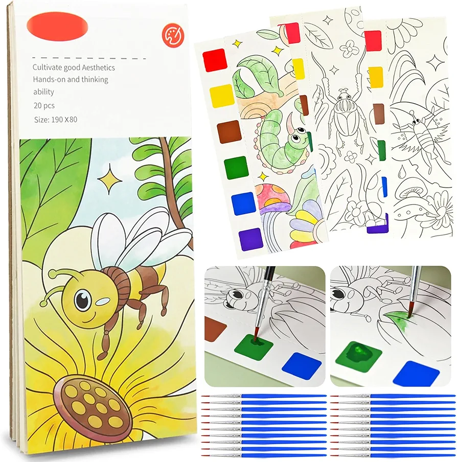 Vileafy 20 Pocket Watercolor Painting Bookmarks Kits for Kids Aged 4-8 Years Old, Portable Coloring Set for Kids Art Party Favors, Goodie Bag Stuffers, and Group Painting Activities (Insects)