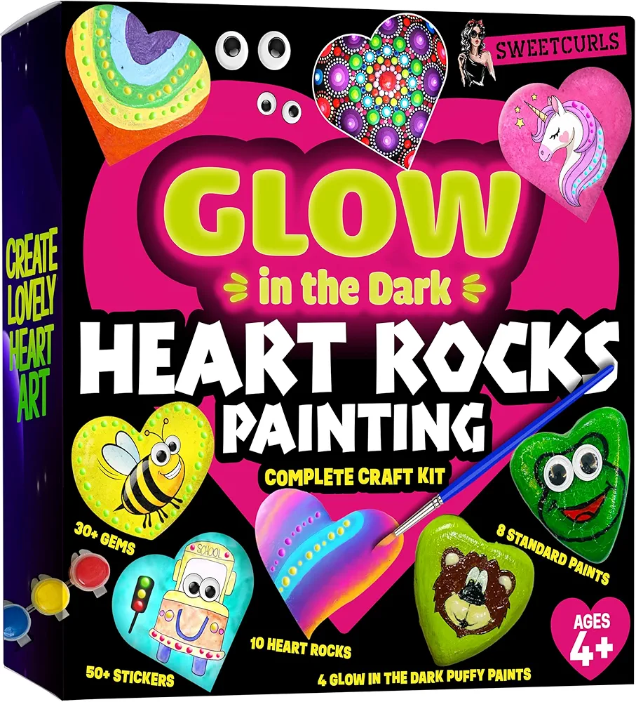 Hearts Rock Painting Kit for Kids - Glow in The Dark - Arts and Crafts for Girls Ages 4-12 – Easter Gifts for Girls Art Toys Kids Craft Kits – Birthday Gifts for 4 5 6 7 8 9 10 11 12 Year Old Girls