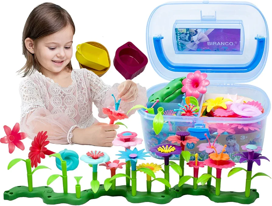 BIRANCO. Flower Garden Building Toys - Build a Bouquet Floral Arrangement Playset for Toddlers and Kids Gifts Age 3, 4, 5, 6 Year Old Girls, Educational STEM Toy (120 PCS)