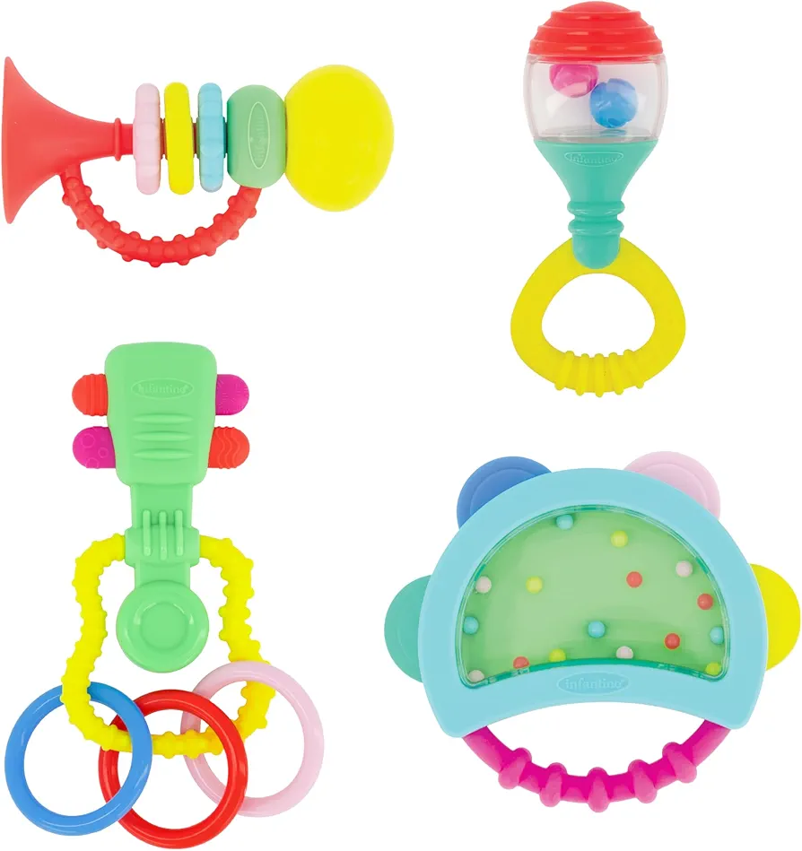 Infantino Baby's 1st Teethe and Play Music Set - Baby Essentials 4 Piece Gift Set, Instrument Themed Teethers and Rattles for Sensory Stimulation and Motor Development for Babies & Toddlers, BPA Free