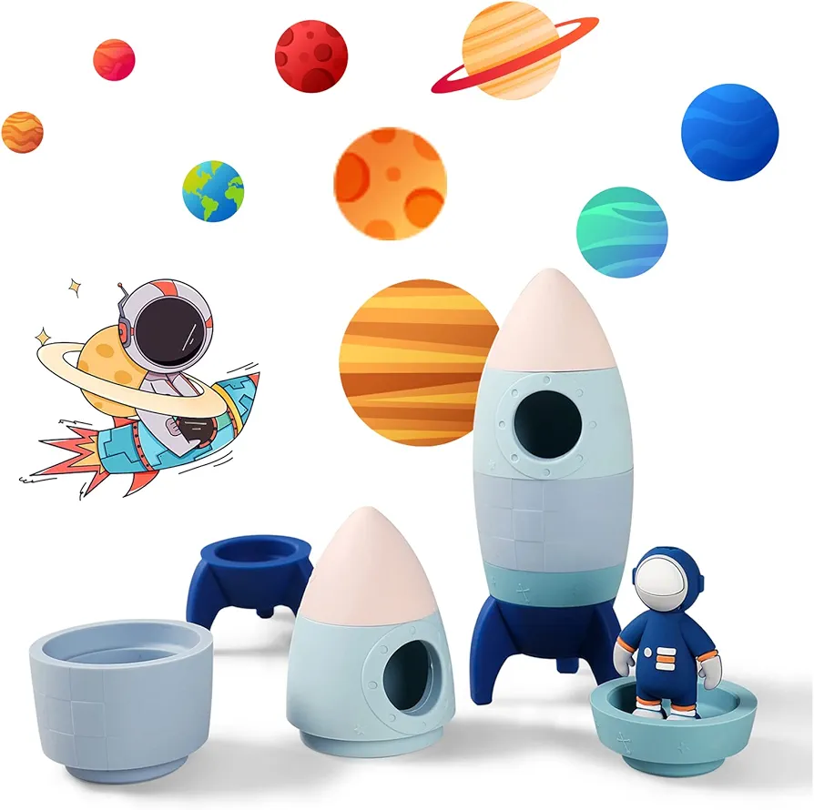 Silicone Rocket Toy Set, 5 Pack Baby Stacking Toys with U-Shaped Astronaut Toy, Montessori Pre-school Astronaut Toy, Food Grade Silicone Stacking Rocket Toy for Toddlers 1-3, Astronaut