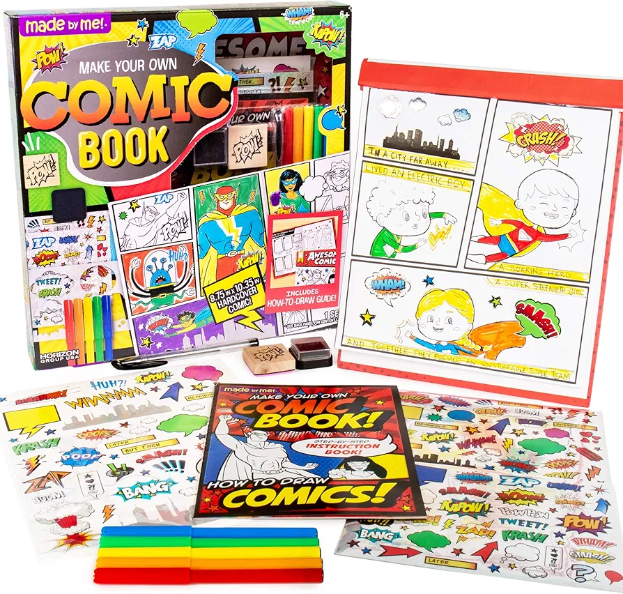 Made By Me Make Your Own Comic Book Storytelling Kit for Kids, 15-Page, Hardcover, How-to Draw Instructional Guide, Comic Inspired Stickers & Stamp, Holographic Stickers, 5 Vibrant Markers