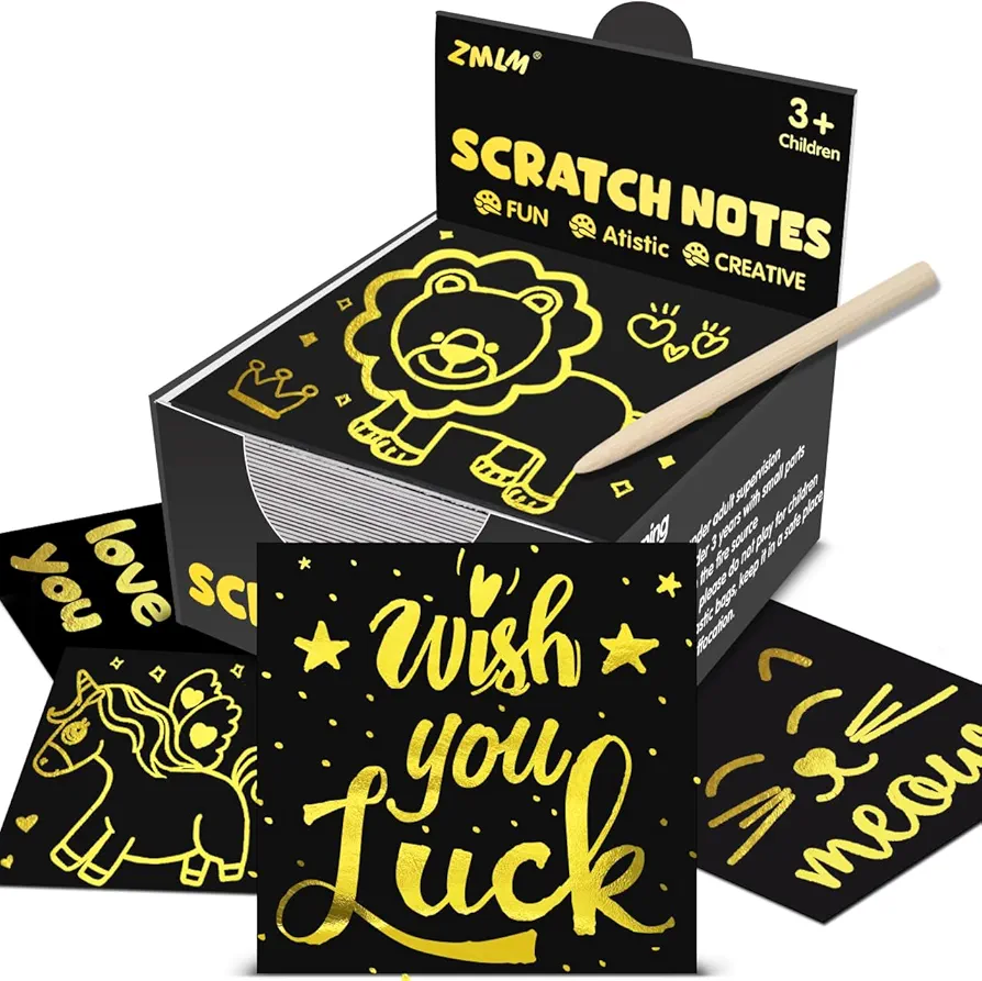 ZMLM Scratch Art Craft Notes - 160 Pcs Gold Scratch Paper Mini Party Favors for Kids Art Supplies Kits Stocking Stuffers - Unique Scratch Cards Set Birthday Gifts Toys for Girls Boys Christmas