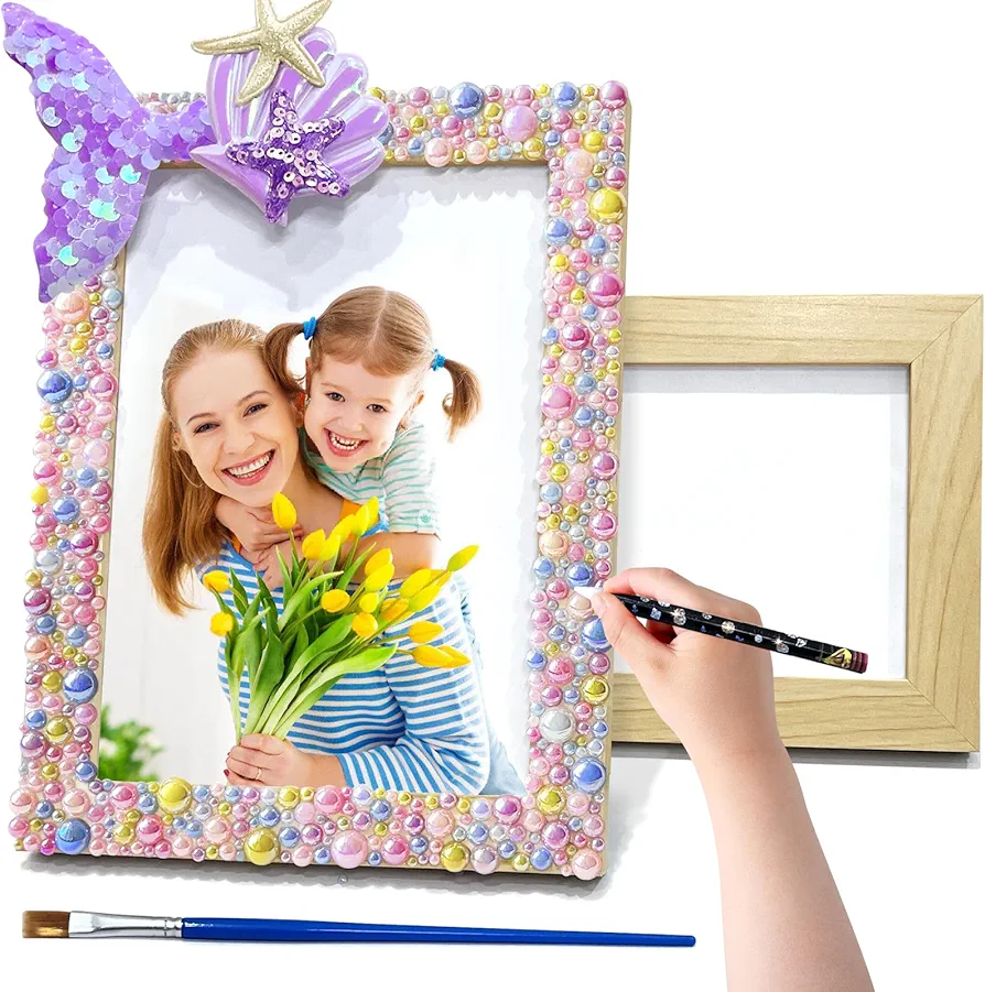 DIY Mosaic Mermaid Picture frames, Arts & crafts 4x6 Picture Frame Diy kit, suitable for 4 5 6 7 8 9 10 11 12 year old boys Girls gift, Colorful mermaid toys for kids arts and crafts supplies