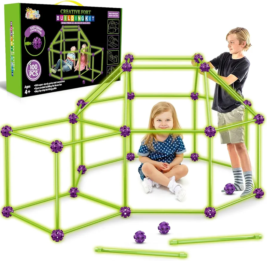 SpringFlower 100 PCS Glow in The Dark Fort Building Kit for Kids,Educational Gift for 3 4 5 6 7 8 9 10 11 12 Years Old Boys and Girls,STEM Construction Toys