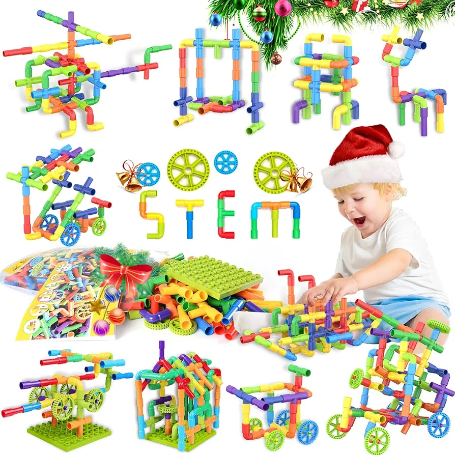 WishaLife 175 Pieces STEM Building Blocks Set, Kids Tube Locks Construction Set with Baseplate, Preschool Educational Pipe Toy Gift for Toddler Aged 3+