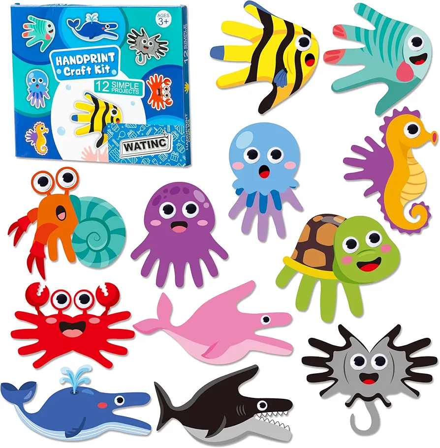 WATINC Ocean Handprint Art Craft - 12Pcs Under The Sea Seahorse Crab Easy DIY Kit, Marine Animal Themed Octopus Turtle Whale Arts Supplies Preschool Hand Print Activity Party Favors for Kids Toddlers