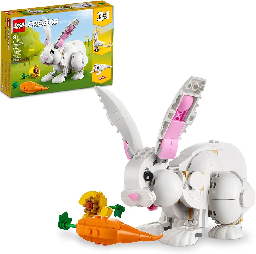 LEGO Creator 3 in 1 White Rabbit Animal Toy Building Set, STEM Toy for Kids 8+, Transforms from Bunny to Seal to Parrot Figures, Creative Play Building Toy for Boys and Girls, 31133