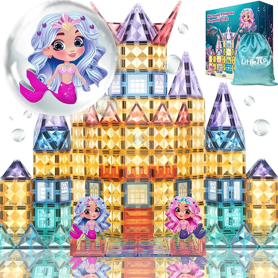 Mermaid Princess 106 Pcs Magnetic Building Blocks Castle - Magnet Tiles Doll House - Educational Stem Playset Toddler toys - Birthday Gift for Kids Age 3 4 5 6 7 8 Year Old Girls & Boys