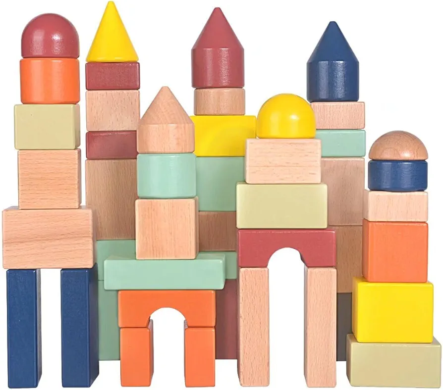 Migargle Large Wooden Building Blocks for Toddlers - Educational Preschool Learning Toys with Storage Bag, Innovative Shapes & Variety Colors to Build More Combinations （48Pcs）