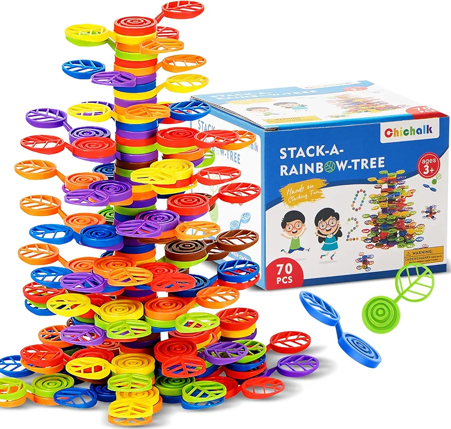 Stack-a-Rainbow-Tree Plastic Stacking Blocks 70 Piece, Balance Game Building Toys for Kids Ages 3-8, Preschool Kindergarten Educational Montessori Toys for 3 4 5 6+ Year Old Boys Girls Birthday Gifts