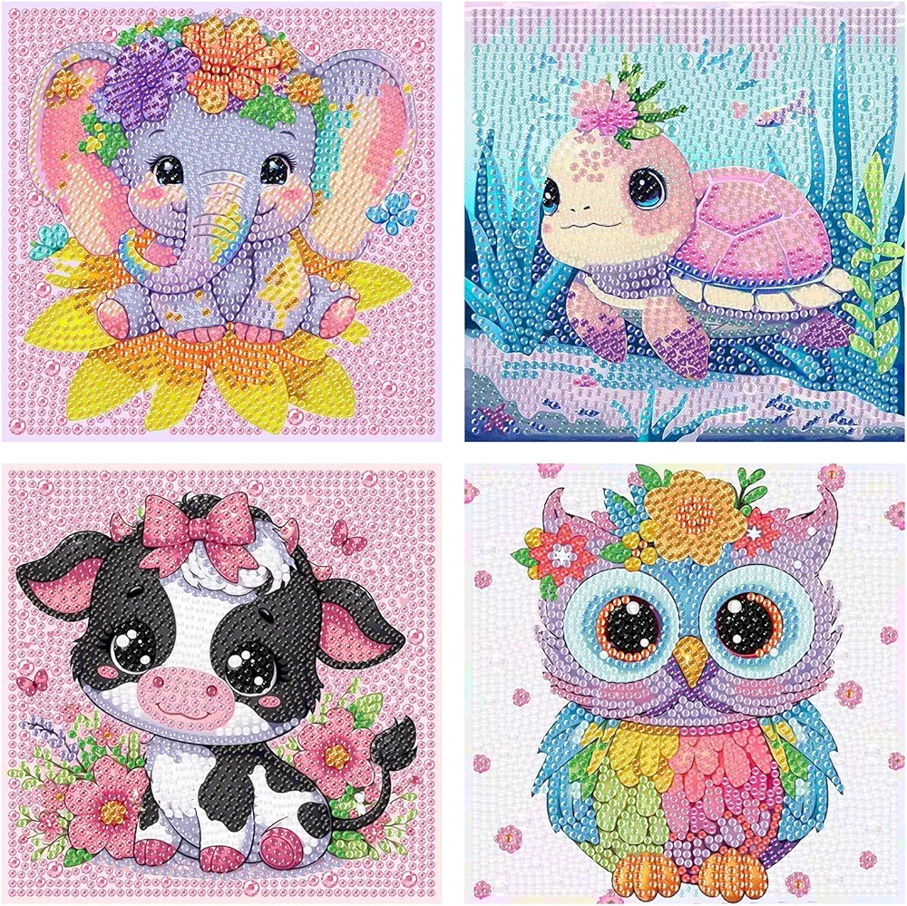 AOSGEDY 4 Pieces Cartoon Diamond Art Kits for Kids, Cute Animals DIY Diamond Art Painting for Adults Beginner, Kids' Mosaic Kits 5D Full Round Drill Gem Art for Home Wall Decor Kids 6X6 inch