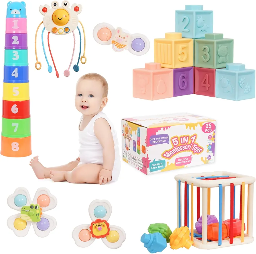 5 in 1 Montessori Toys for Babies 6-12 Months Baby Toys Stacking Blocks Pull String Teether Sensory Shapes & Storage Bin Stacking Cups Suction Cup Spinner Toys Development Set for Boys Girls