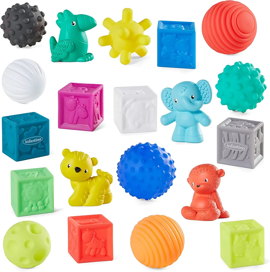 Infantino Sensory Balls, Blocks & Buddies - Textured, Soft & Colorful Toys Includes 8 Balls, 8 Numbered Blocks, 4 Animal Buddies, Ages 0 Months +, 20-Piece Set