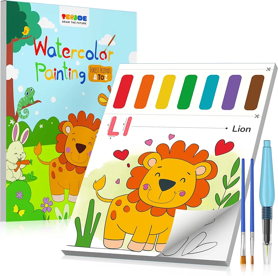 TECJOE Paint with Water Coloring Books for Toddlers, A to Z 26 Pages Animal Watercolor Paint Set with 3 Brushes, Mess Free Painting Activity for Kids Ages 4 5 6 7 8, Educational Arts & Crafts Toy Gift