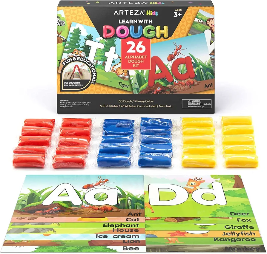 Arteza Kids Play Dough, Alphabet Learning Kit, 30 Pieces Air Dry Clay, 0.8 oz, Red, Yellow, and Blue, 26 Alphabet Cards, Art and Craft Supplies for Kids