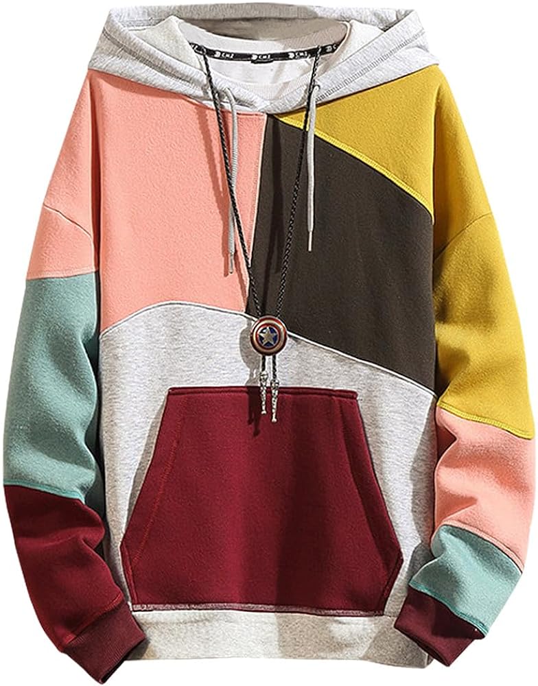 Men's Hoodes Pullover, Fashion Stitching Sweatshirts Casual Long Sleeves