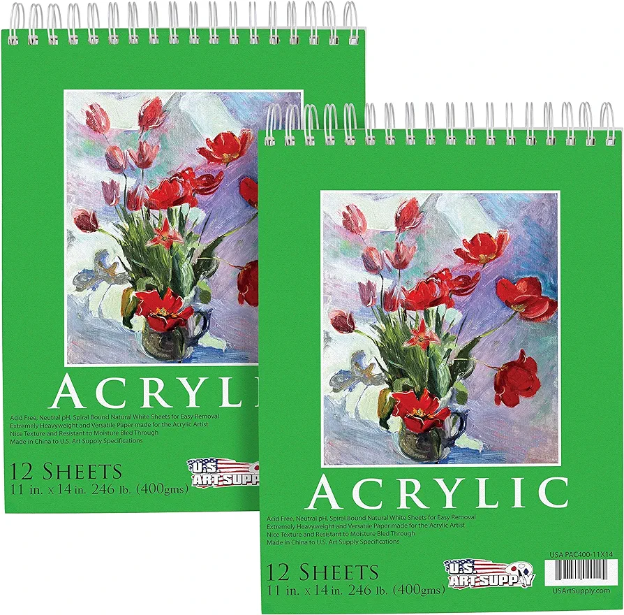 U.S. Art Supply (Pack of 2 Pads) - 11" x 14" Premium Extra Heavy-Weight Acrylic Painting Paper Pad, 246 Pound (400gsm), Spiral Bound, Pad of 12-Sheets