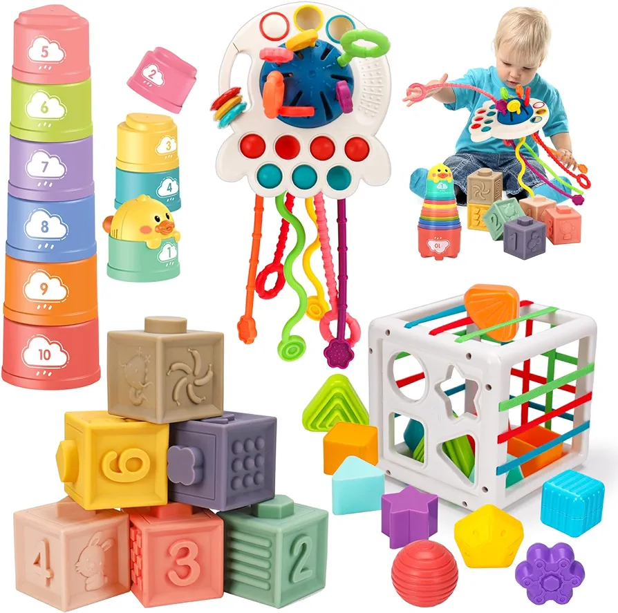 Montessori Baby Toys 6-12-18 Months, Infant Pull String Stacking Cups Shape Sorter Blocks Toy 6 7 8 9 10 11 12 M+ Sensory Development Learning Toy 6-9 9-12 Months Birthday Gift for 1 Year Old Boy Girl