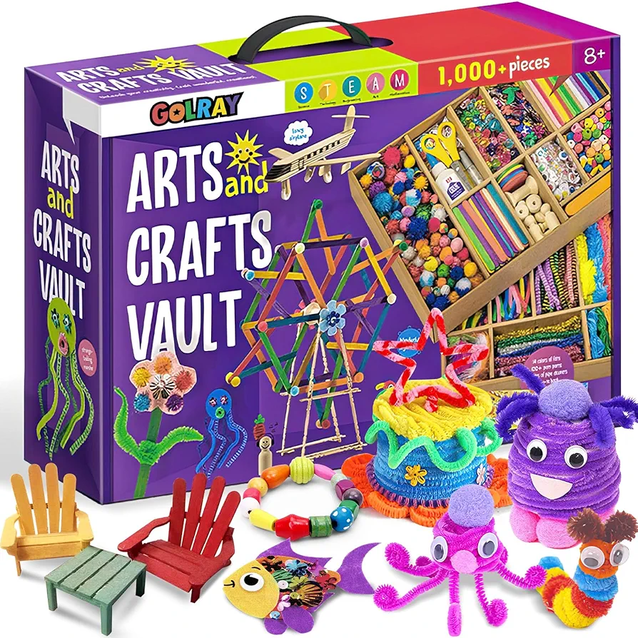 Golray Arts and Crafts Kit for Kids, 2 Layers Craft Supplies for Girls 8-12, 1000+ Pcs Craft Materials in a Box with Felt & Pipe Cleaners & Pom Poms & DIY Tools, Birthday Gift Toys for Girls Age 6 7 8