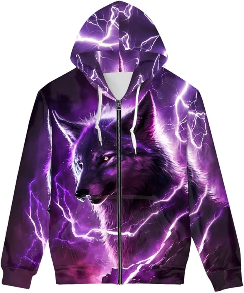 Unisex 3D Novelty Zip up Hoodie Cool Galaxy Wolf Print Graphic Hoodies Pullover Hooded Sweatshirts