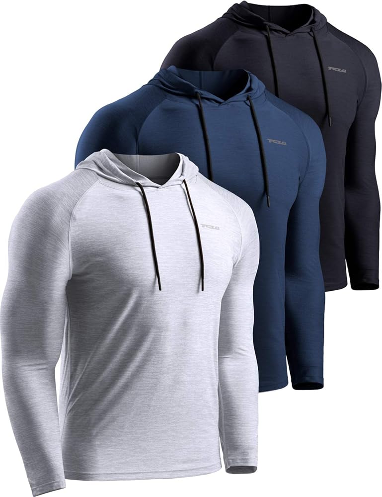 TSLA 3 Pack Men's Long Sleeve Pullover, Dry Fit Running Workout Shirts, Athletic Fitness & Gym Shirt