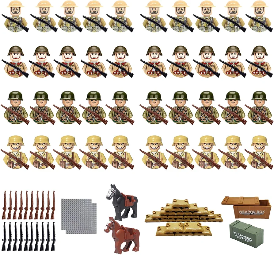 106Pcs WW2 Army Figures Building Set,Military Action Figure, Including war Horses,Toy Soldiers Minifigure and Weapons,for Kids to Build a World War 2 Scene