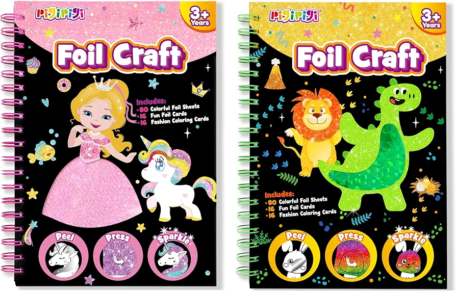 pigipigi Art Craft Activity for Kids: Fun Foil Princess & Unicorn & Dinosaur & Animal DIY Toy Kit, No Mess Creative Travel Supply Set