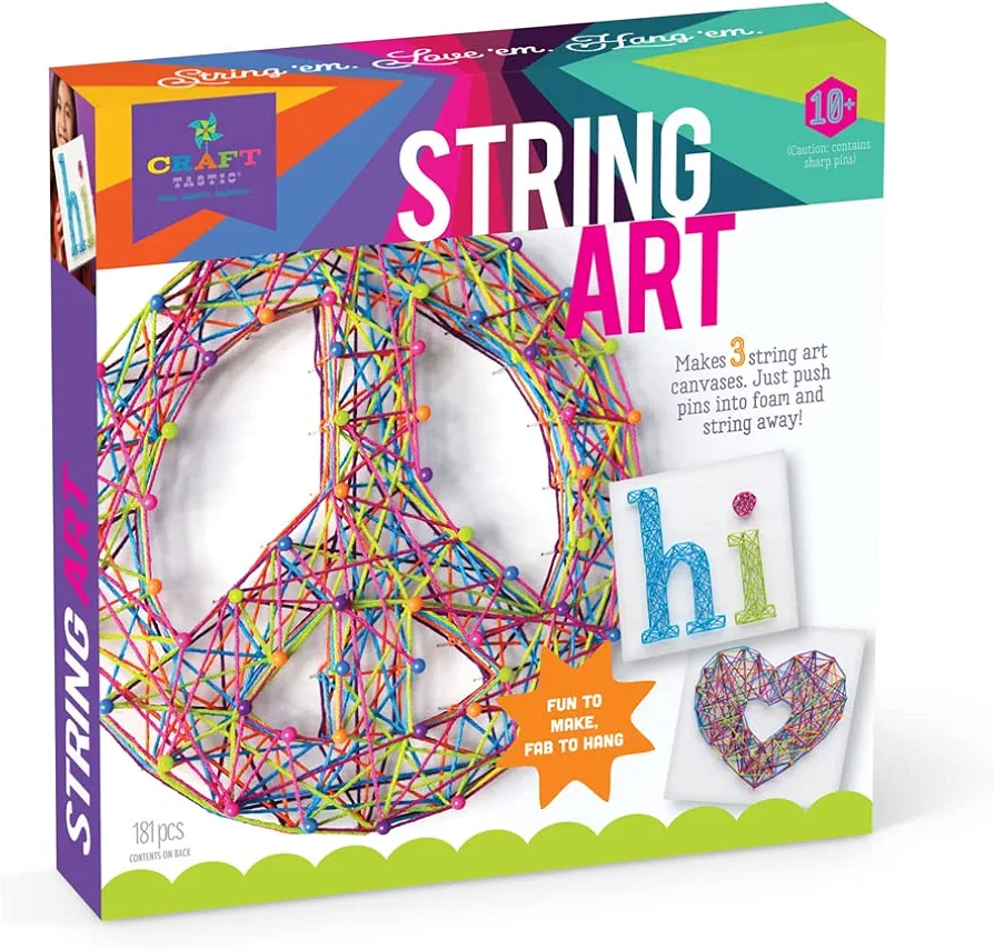 Craft-tastic – String Art – Craft Kit Makes 3 Large Canvases – Peace Sign Edition, Model Number: CTE40