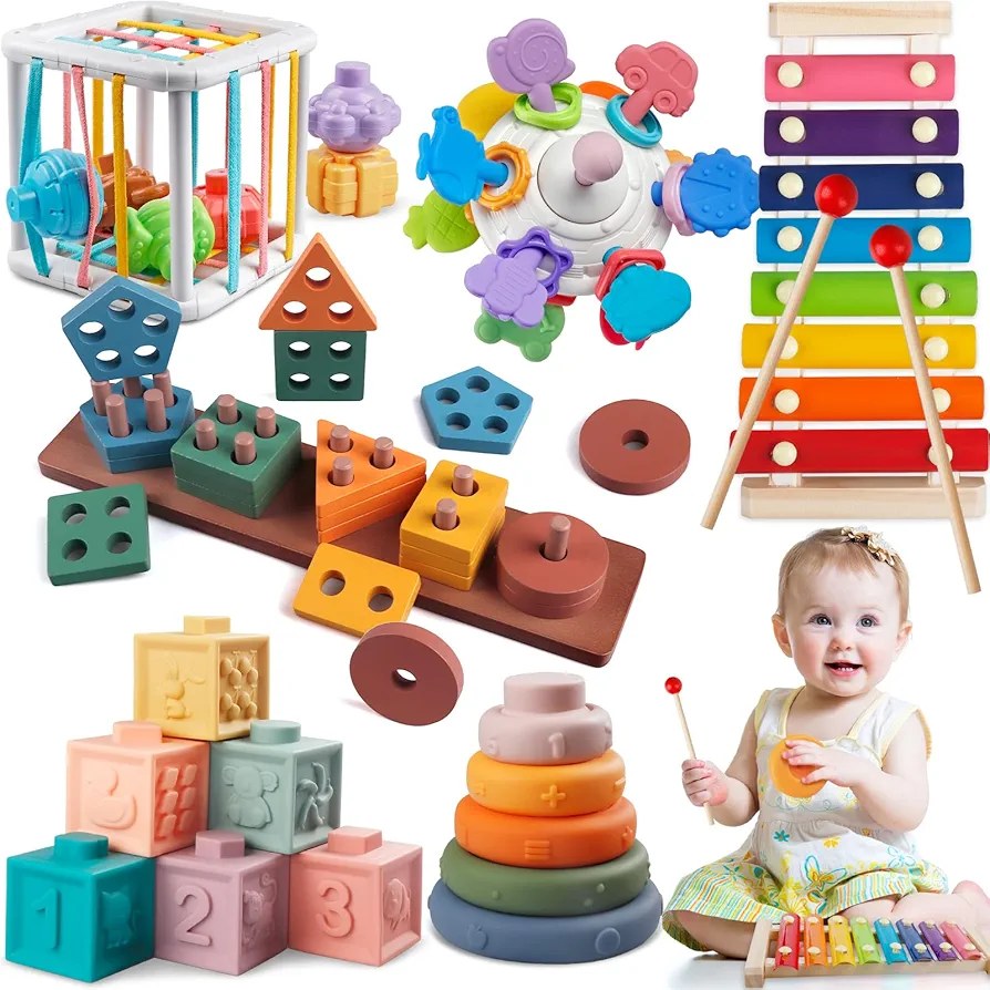 6 in 1 Montessori Baby Toys for 1 + Year Old, Infant Sensory Teething Toys for Babies 6-12 Months, Wooden Stacking Building Blocks Shape Sorter, Xylophone Musical Toy, Birthday Gift for Toddlers 1 2 3