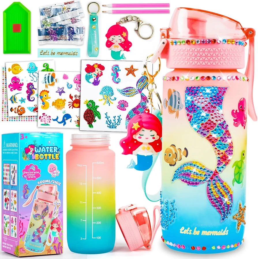 MDCGFOD Decorate Your Own Water Bottle Kits for Girls DIY Water Bottle for Girls Fun Arts and Crafts Gifts Toys Kits for 4-6-8-10 Year Old Girls Kids Birthday Christmas Gifts (Mermaid)