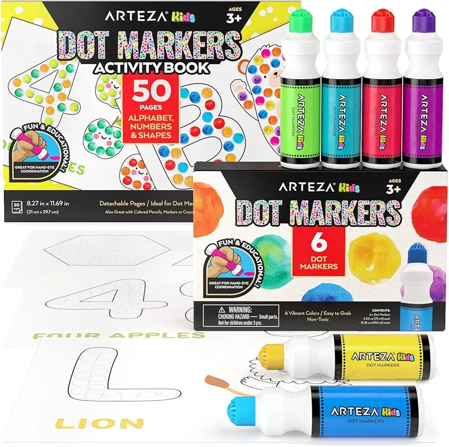 Arteza Kids Dot Markers and Activity Book, 6 Nontoxic Bingo Daubers, 50-Page Book