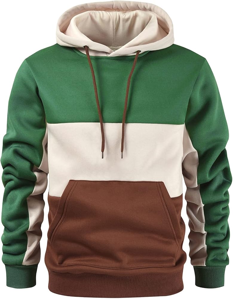 Men's Fleece Pullover Hoodie Sweatshrits Drawstring Hooded Color Block Hoody for Men with Kangaroo Pocket